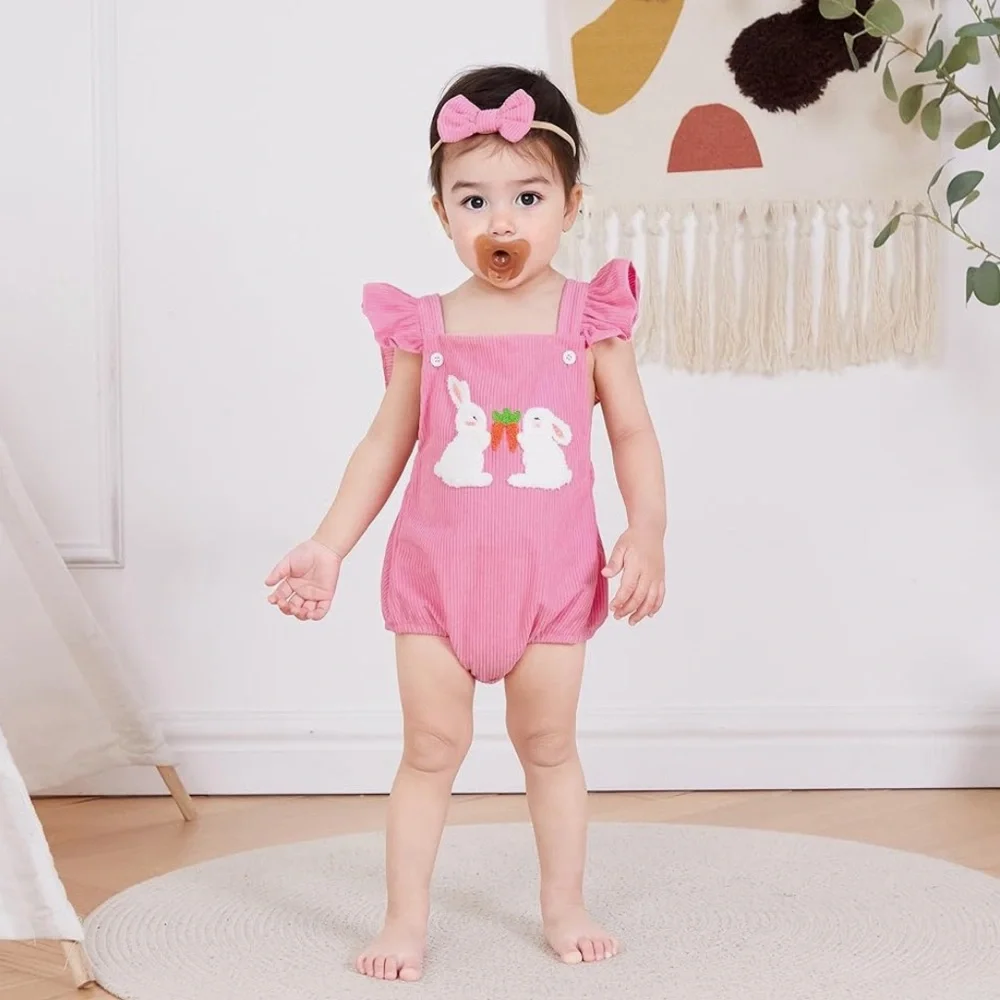 NEW Pink Baby Bubble Easter Romper with Embroidered Bunny & Carrots 6-12 Months
